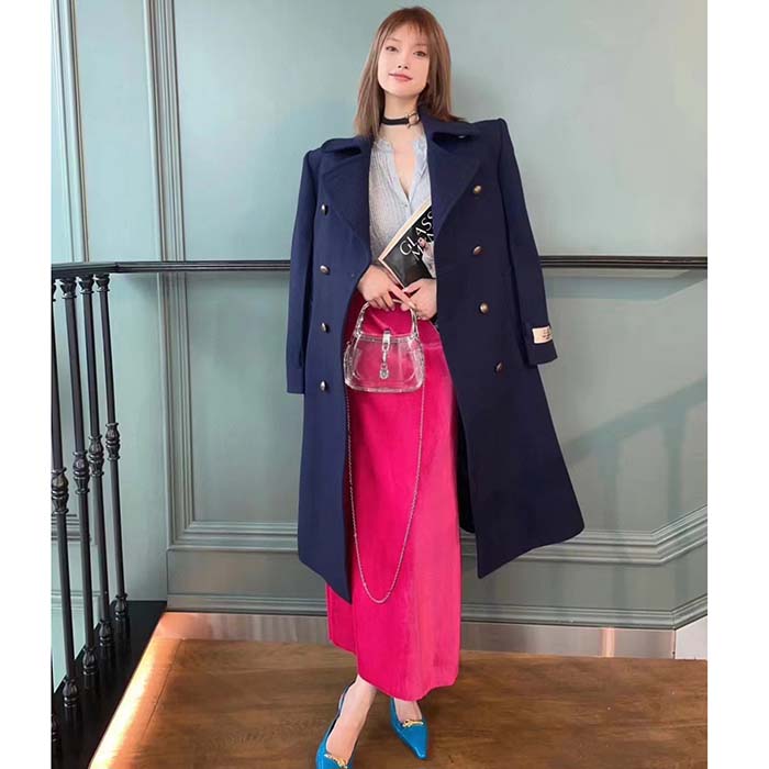 Gucci Women GG Felt Wool Coat Dark Navy Metal Buttons Gucci Cities Label Fully Lined