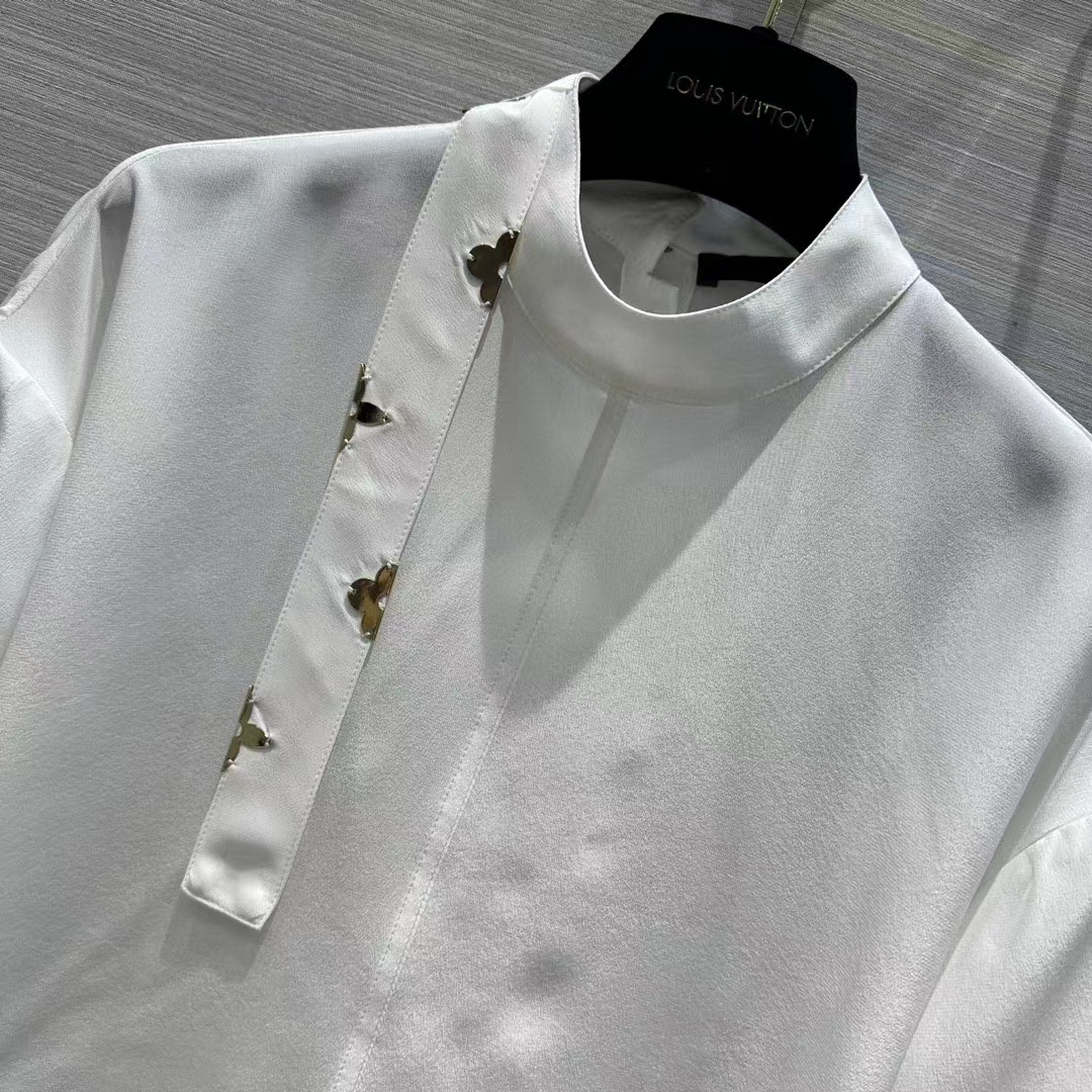 Louis Vuitton Women LV Monogram Lavaliere Button Sleeve Blouse White Silk Regular Fit