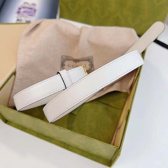 Gucci Unisex Buckle Thin Belt White Leather Gold-Toned Hardware 2 CM Width