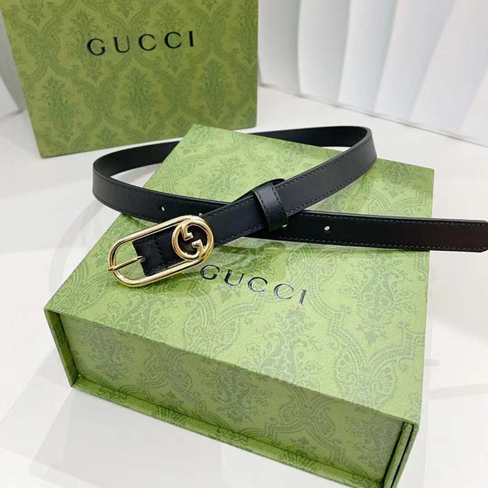 Gucci GG Unisex Thin Belt Mini Round Interlocking G Black Leather 1.5 CM Width