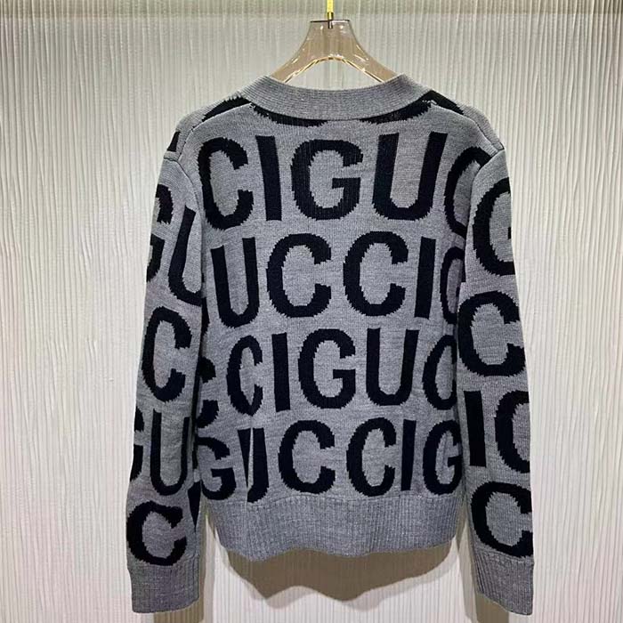 Gucci Women GG Cardigan Gucci Intarsia Grey Wool Blue V-Neck Dropped Shoulder Long Sleeves Two Pockets