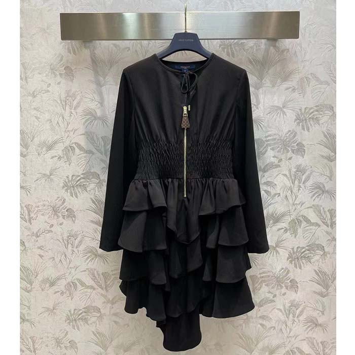 Louis Vuitton Women LV Long-Sleeved Tiered Dress Silk Viscose Elastane Black Regular Fit