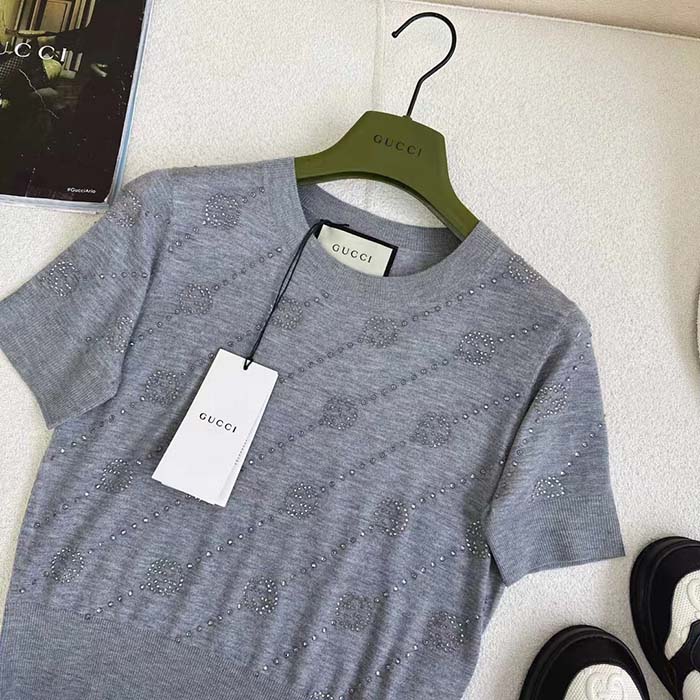 Gucci Women GG Cashmere Crewneck Interlocking G Grey Diagonal Stripe Crystals