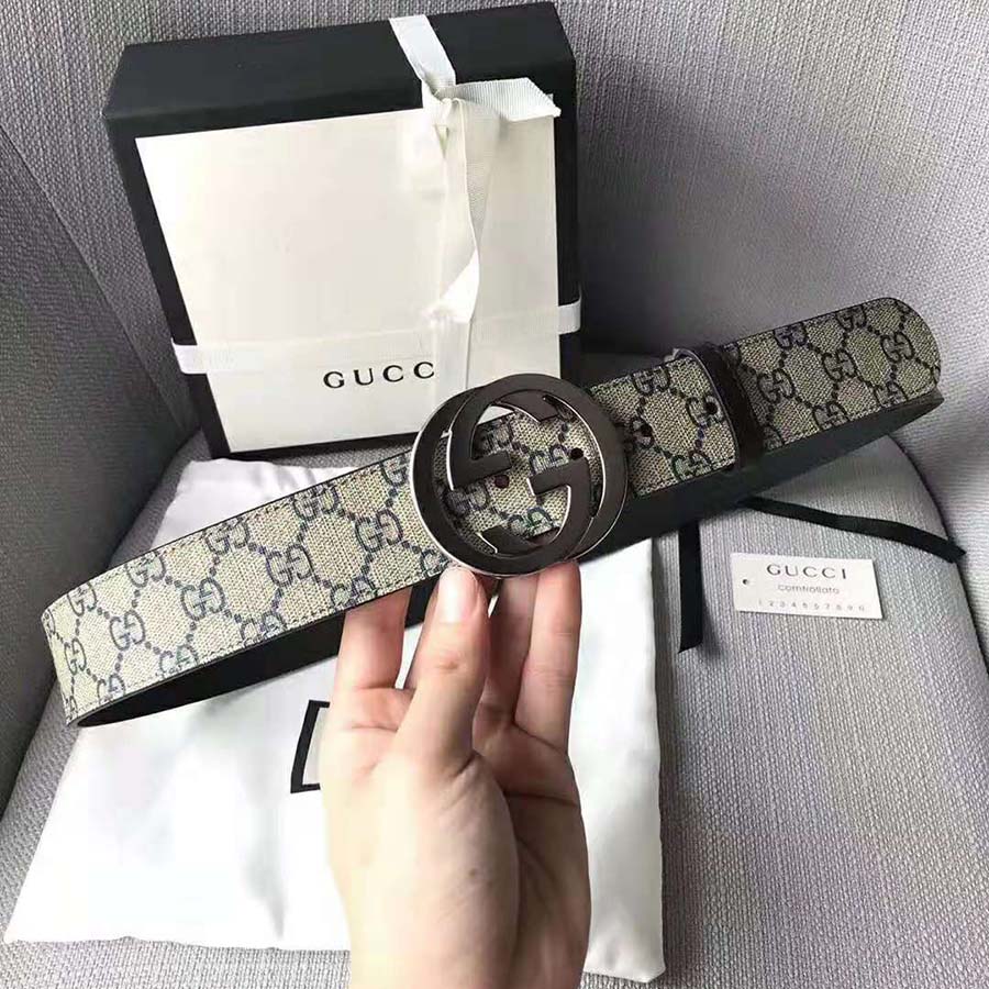 Gucci Unisex GG Supreme Belt with G Buckle in Beige/Blue GG Supreme Canvas