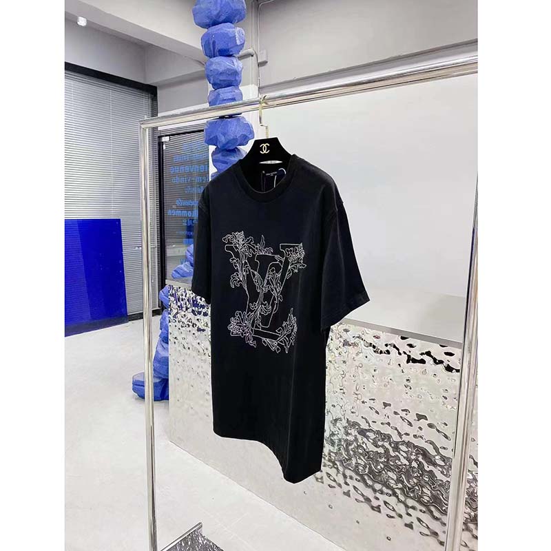 Louis Vuitton Men Embroidered LV Flower T-Shirt Cotton Jersey Regular Fit-Black