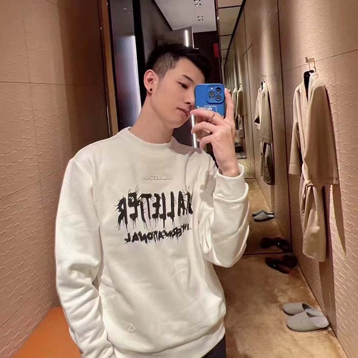 Louis Vuitton Men LV Cotton Sweatshirt Regular Fit Malletier International Brushed Jersey Milky White