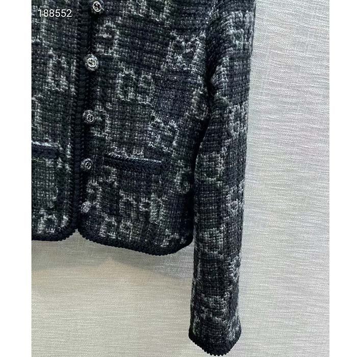 Gucci Women GG Tweed Jacket Dark Grey Lined Collarless Two Front Pockets Button Closure Style ‎761164 ZAPA4 1158