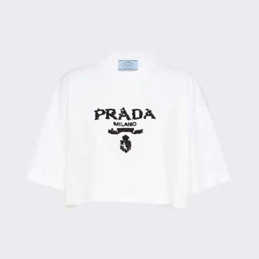 Prada Women Embroidered Interlock Crop T-shirt-White