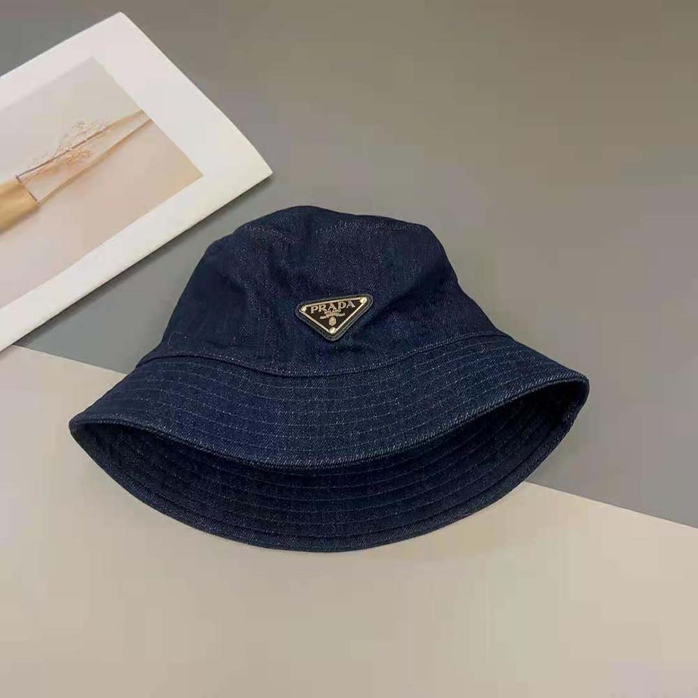 Prada Women Denim Bucket Hat-Navy