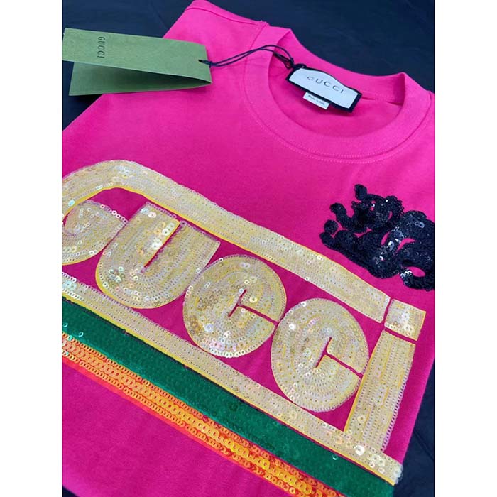 Gucci Men GG Cotton T-Shirt Skunk Embroidery Fuchsia Jersey Crewneck Short Sleeves