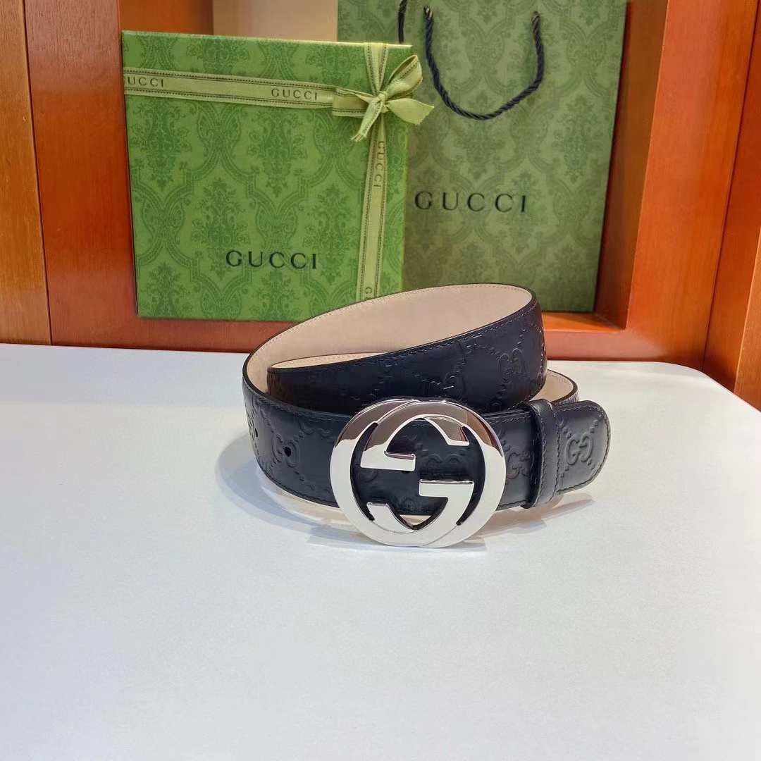 Gucci GG Unisex Signature Leather Belt Black Interlocking G Buckle 3.8 CM Width