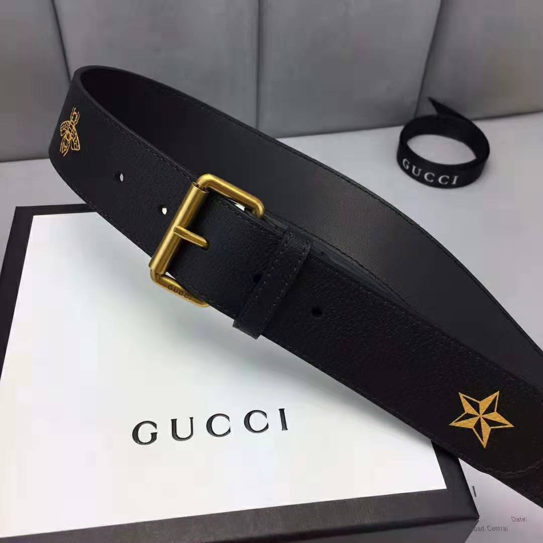 Gucci Unisex Belt with Bees and Stars Bet in Black Metal-Free Tanned Leather