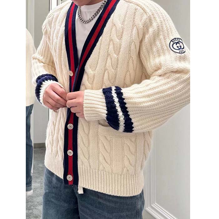 Gucci Men GG Cable Wool Knit Cardigan Web V-Neck Dropped Shoulder Two Front Pockets