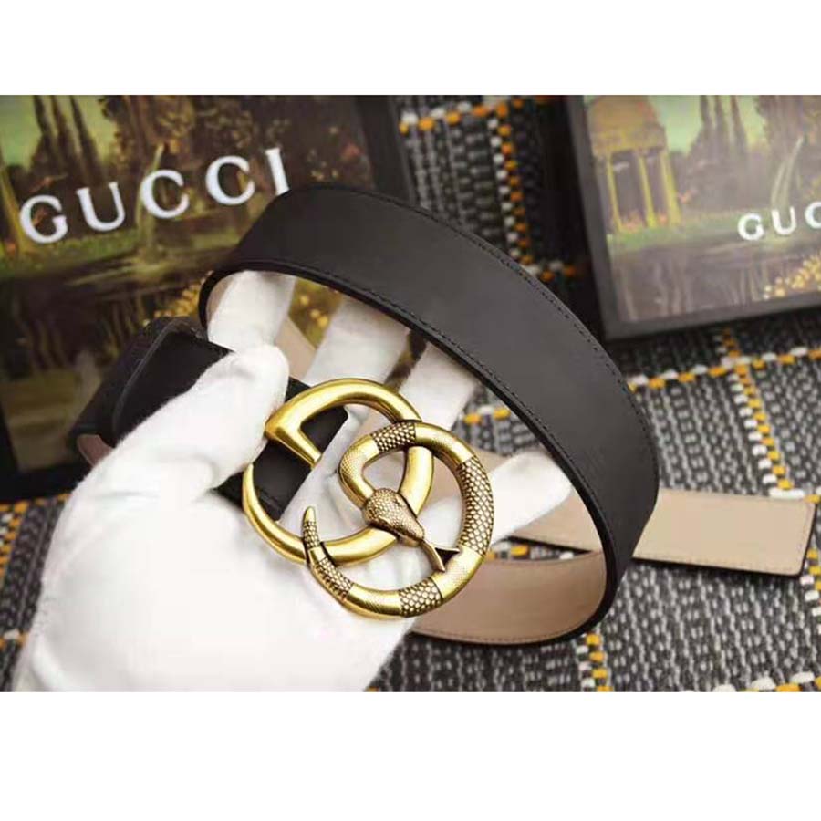 Gucci Unisex Leather Belt with Double G Buckle with Snake in Black Leather