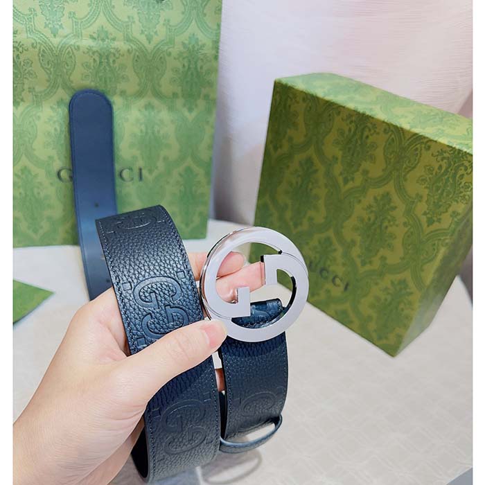 Gucci Unisex Blondie Wide Belt Black Maxi GG Leather G Buckle 4 CM Width