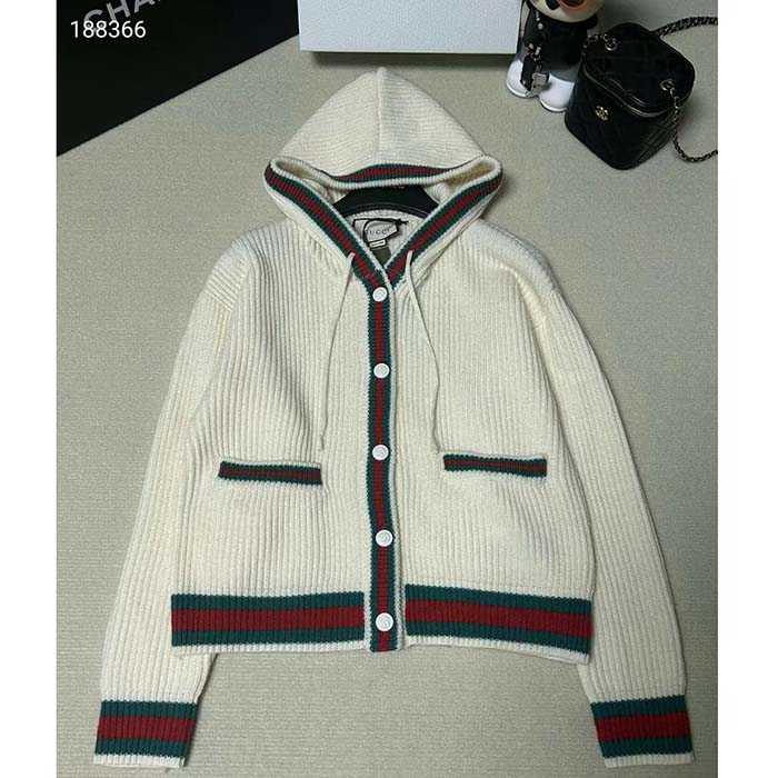 Gucci Women Rib Stitch Wool Cardigan Web Fixed Hood Drawstring Dropped Shoulder Long Sleeves