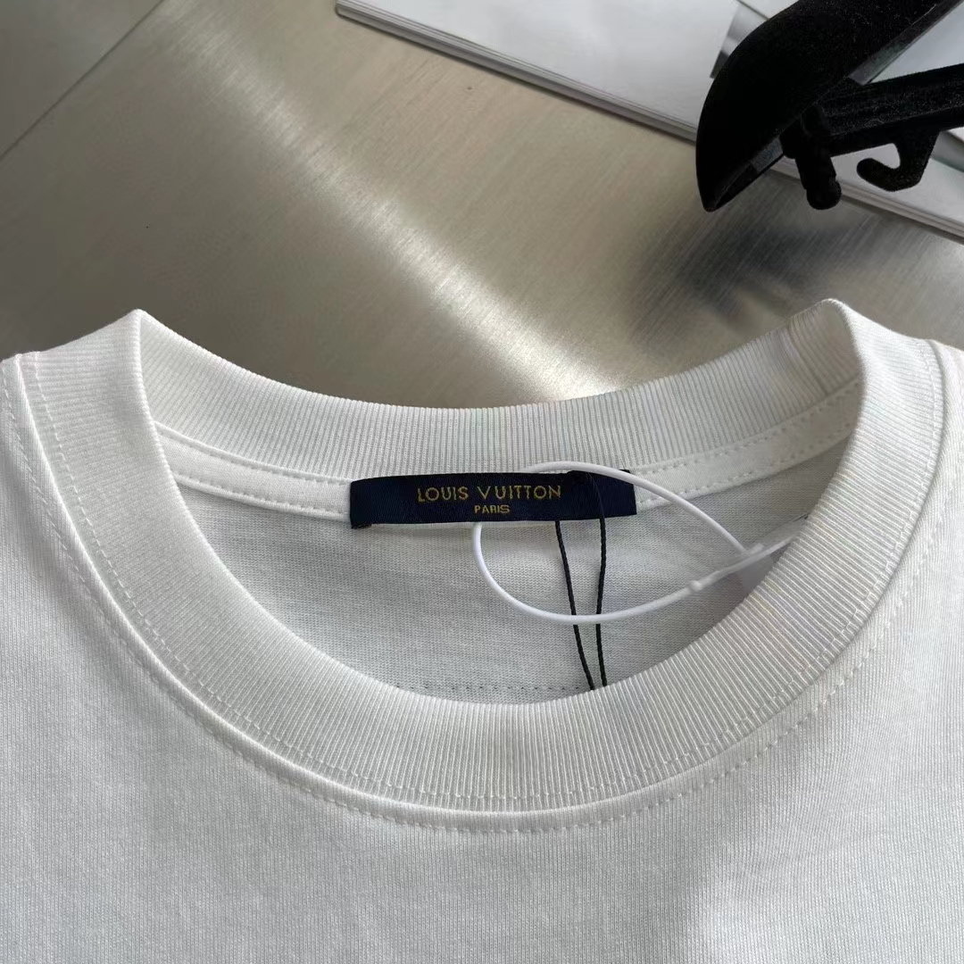 Louis Vuitton Women Printed Cotton T-Shirt Show Fit Ribbed Collar Milky White