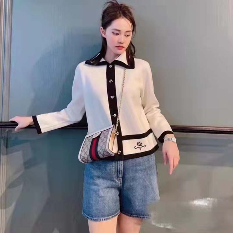 Gucci GG Women Wool GG Piquet Jacquard Polo Shirt Interlocking G Embroidery