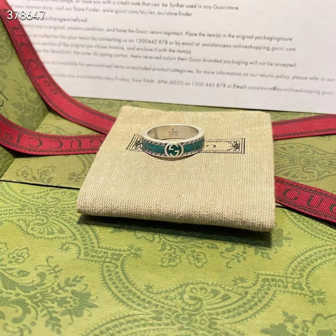 Gucci Unisex GG Ring Interlocking G 925 Sterling Silver Turquoise Enamel Textured Trim