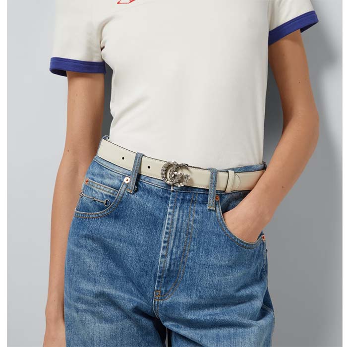 Gucci Unisex GG Marmont Thin Belt Crystals White Leather Double G Buckle 3 CM Width