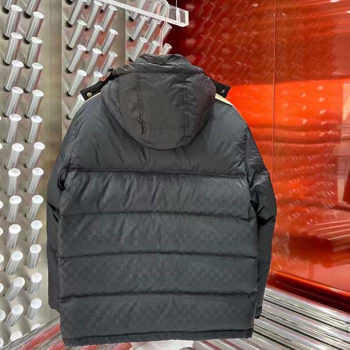 Gucci Men GG Jacquard Nylon Quilted Coat Down Goose Feather Black Knit Rib Nylon Lining