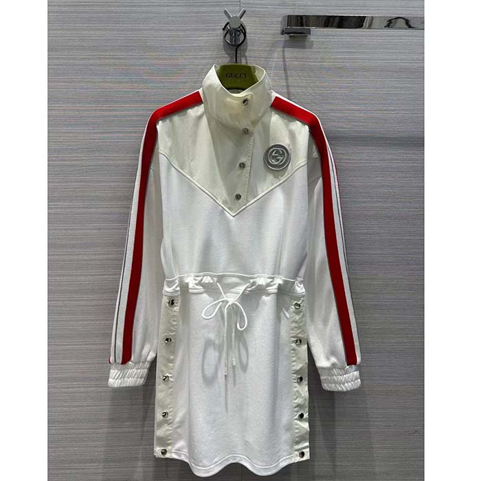 Gucci Women GG Technical Jersey Dress Web High Neck Dropped Shoulder Elastic Cuffs Drawstring Waist