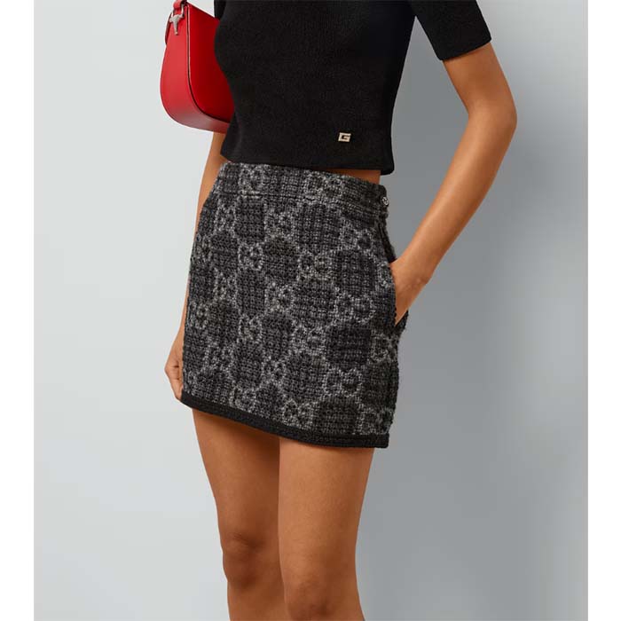 Gucci Women GG Tweed Skirt Dark Grey Lined Fitted Waistband Two Side Pockets Mini Length Style ‎774516 ZAPA4 1074