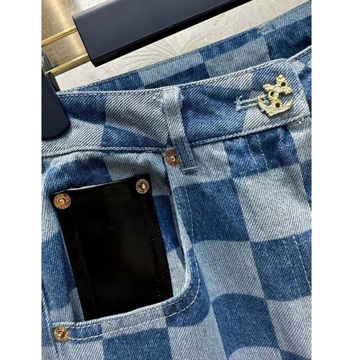 Louis Vuitton Women LV Damier Jeans Skirt Cotton Blue Regular Fit 1AFGNR