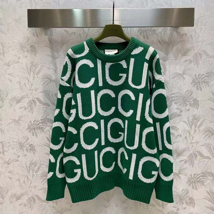 Gucci Women GG Wool Sweater Gucci Intarsia Green Crewneck Dropped Shoulder