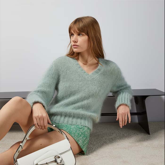 Gucci Women GG Wool Mohair Sweater Crystal G Blue V-Neck Dropped Shoulder Long Sleeves