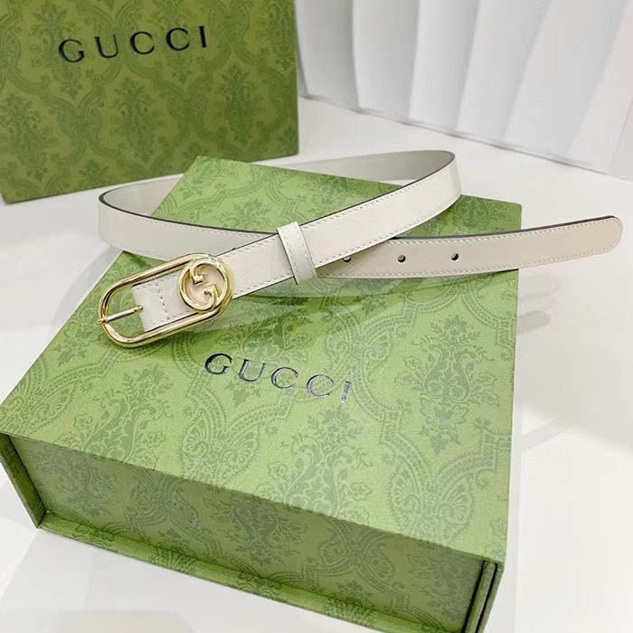 Gucci GG Unisex Thin Belt Mini Round Interlocking G White Leather 1.5 CM Width