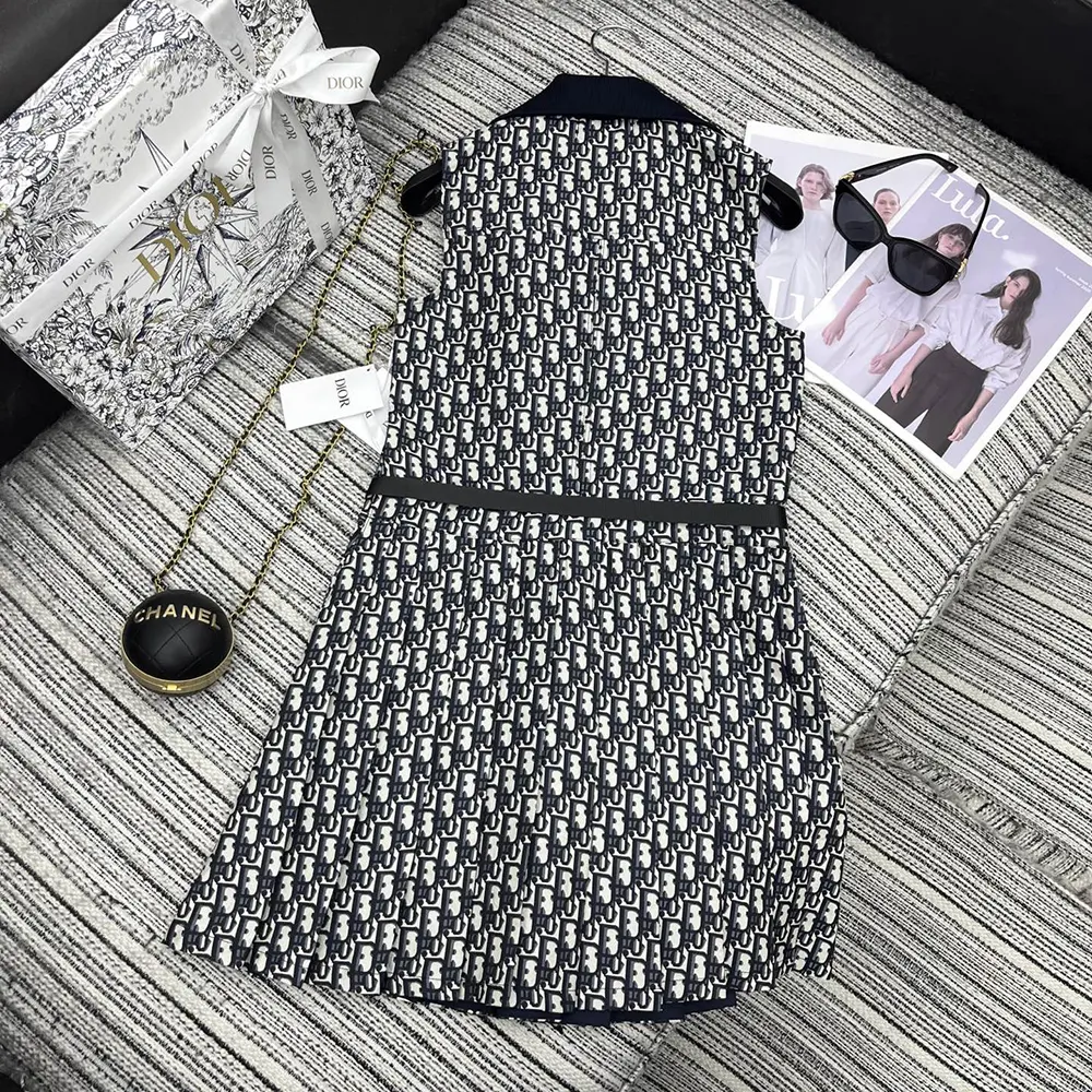 Dior Women Pleated Short Dress Blue and Ecru Technical Taffeta Jacquard with Dior Oblique Motif