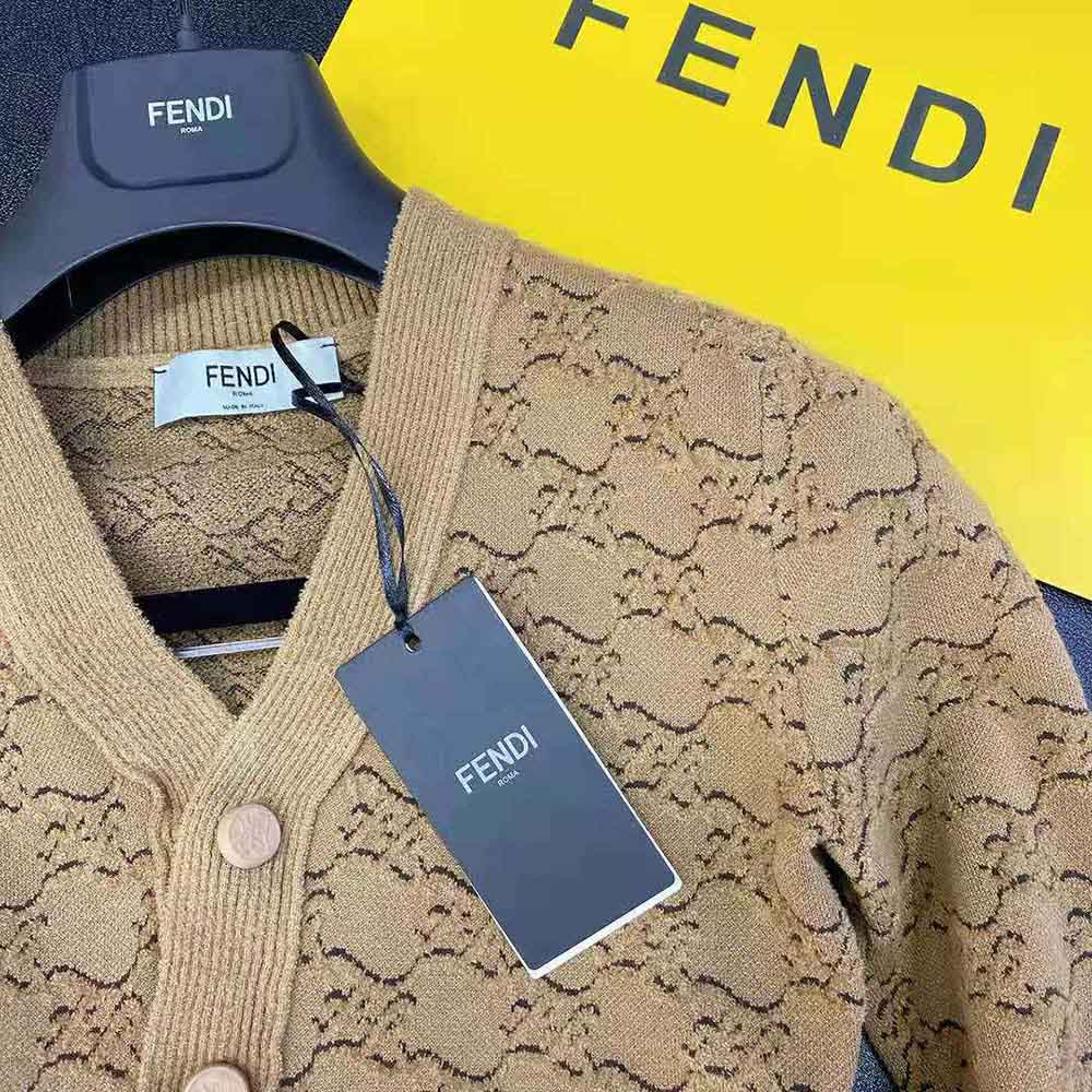 Fendi Women Beige Velvet and Viscose Cardigan with V Neck and Ribbed Edges