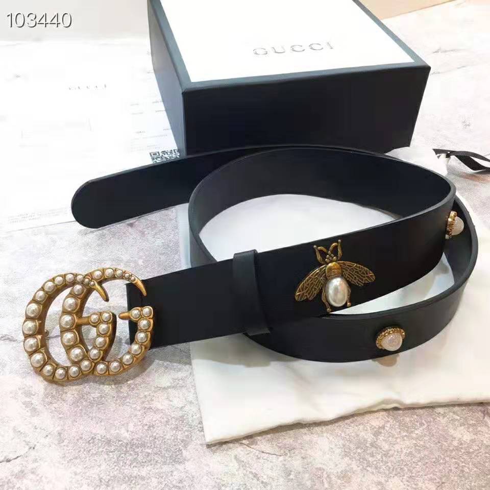 Gucci Unisex Leather Belt with Pearl Double G-Black