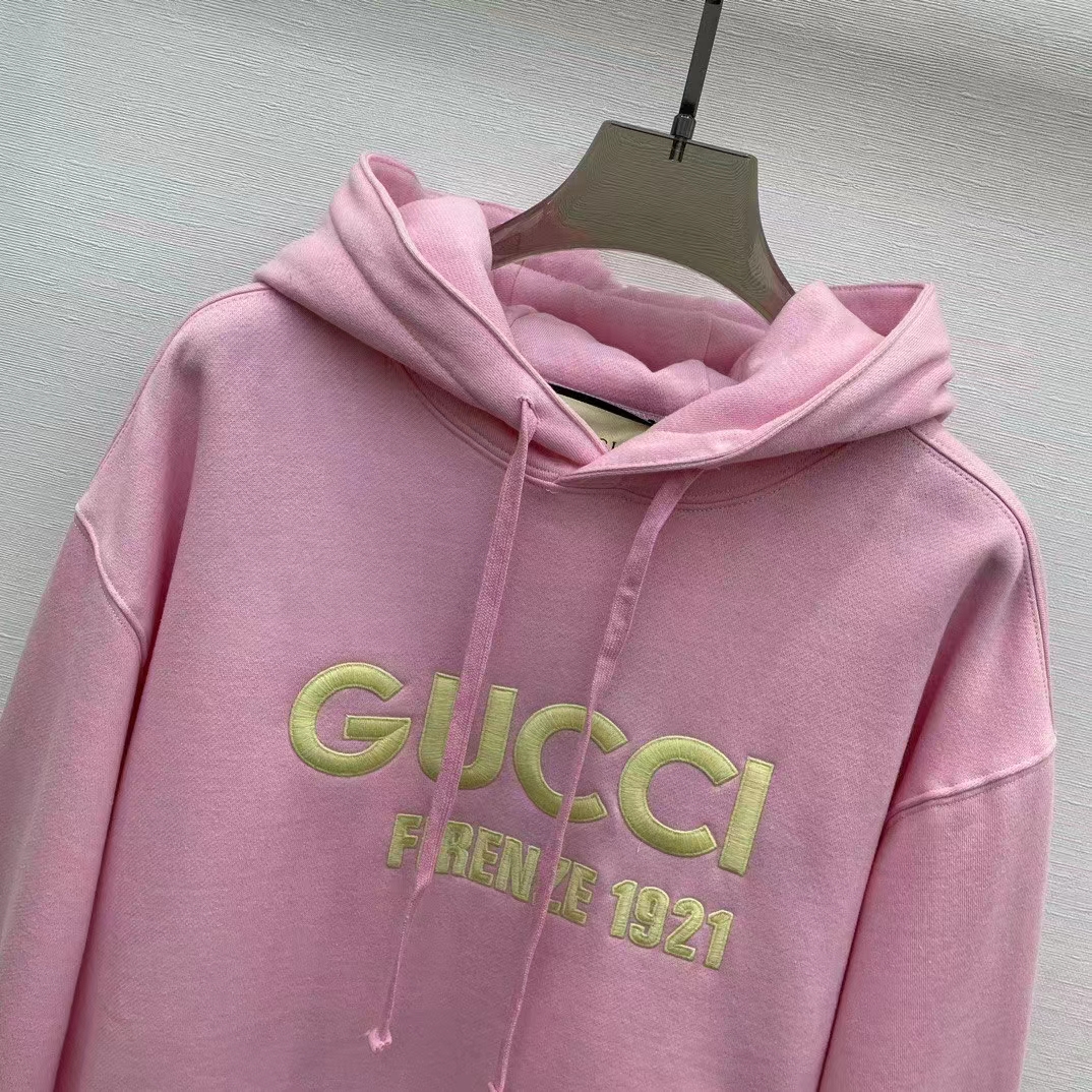 Gucci Women GG Hooded Sweatshirt Embroidery Firenze 1921 Drawstring Closure Dropped Shoulder Long Sleeves