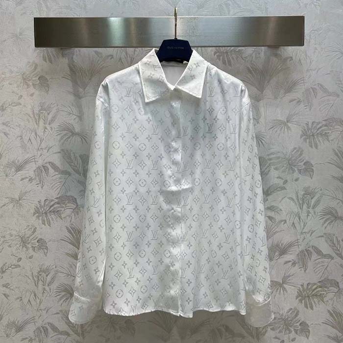 Louis Vuitton Women LV Monogram Long-Sleeved Silk Shirt White 1AFJUE