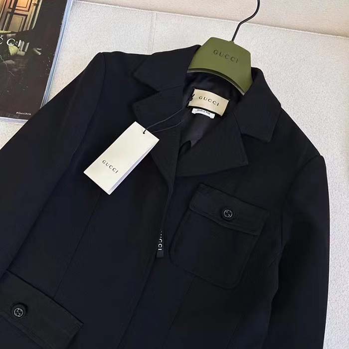 Gucci Women GG Wool Jacquard Jacket Black Lined Notch Lapel Petite Fit