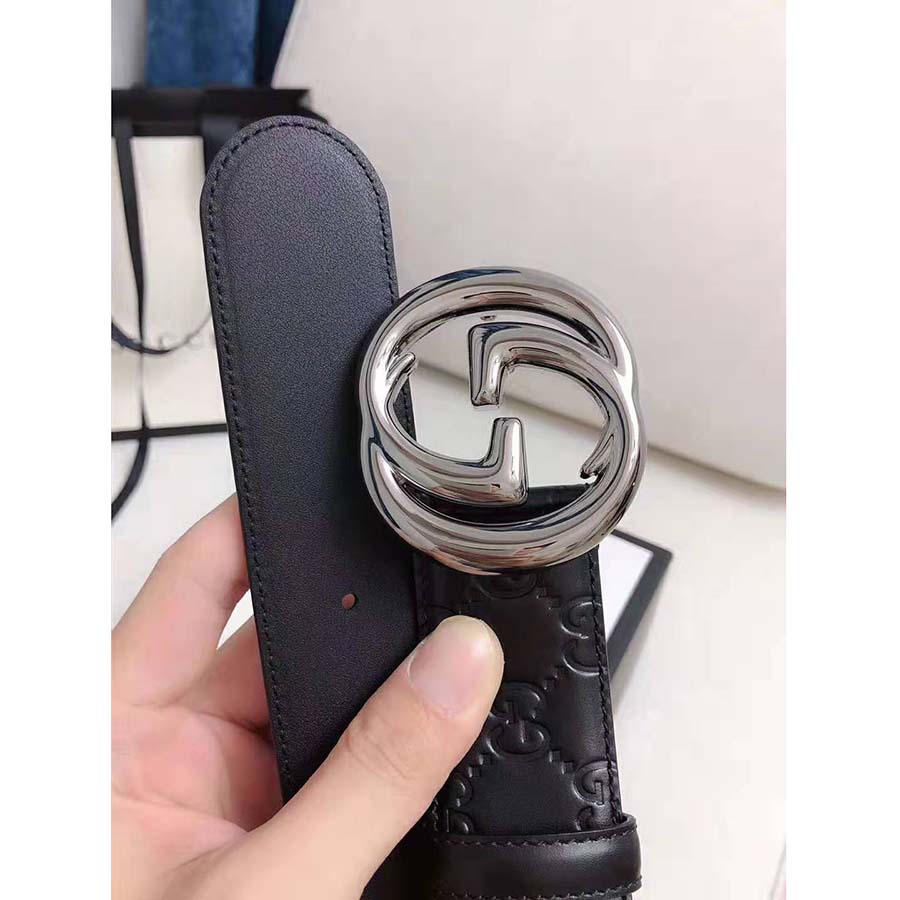 Gucci Unisex Gucci Signature Leather Belt with Interlocking G Buckle-Black