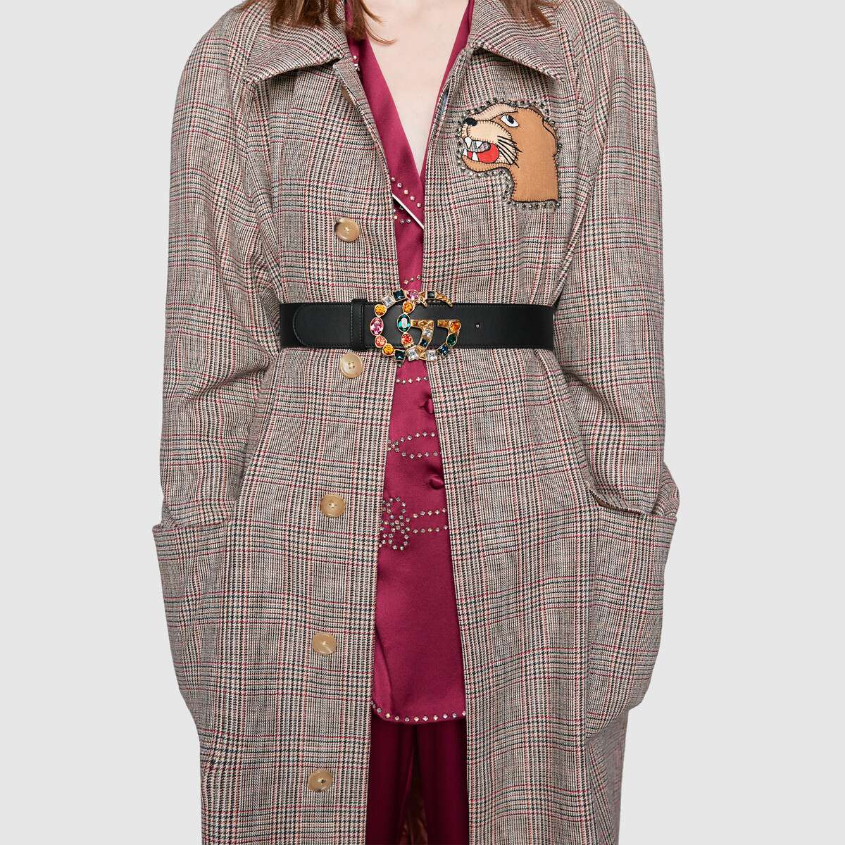 Gucci Women Leather Belt with Crystal Double G Buckle in Black