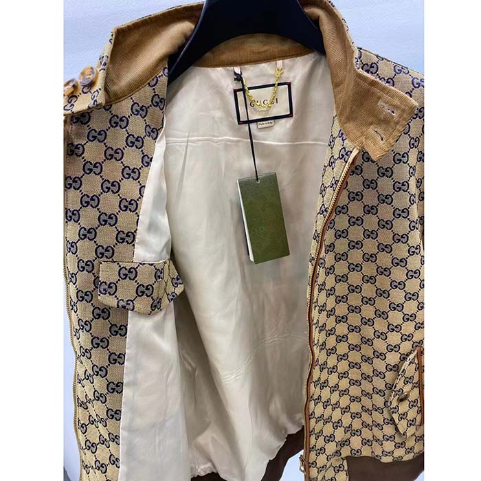 Gucci Women GG Cotton Canvas Zip Jacket Beige Blue Leather Lined Stand Collar Buttons