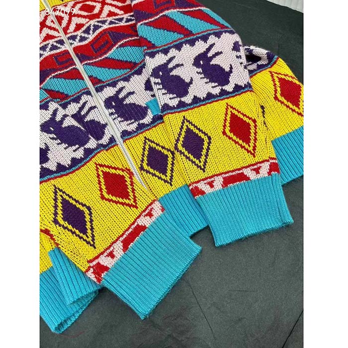 Gucci Women GG Wool Jacquard Zip Jacket Multicolor Geometric Motif Wool Bunny Label