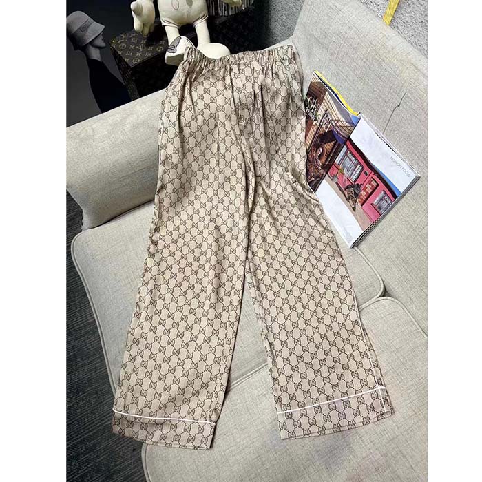 Gucci Men GG Supreme Silk Pant Beige Ebony Piped Unlined Elastic Waist Two Side Pockets Wide Leg
