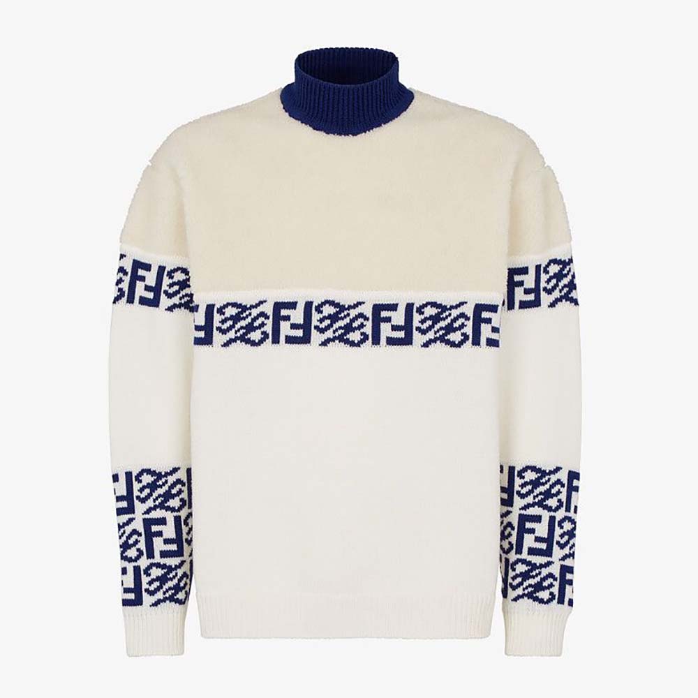 Fendi Men White Wool Sweater with High Collar and Long Sleeves