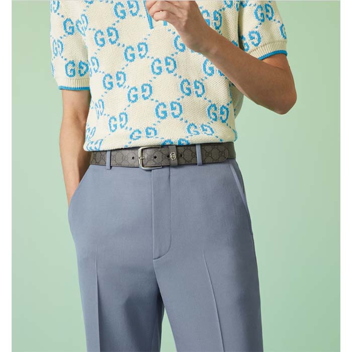 Gucci Unisex GG Belt Interlocking G Detail Grey Black GG Supreme Square Buckle