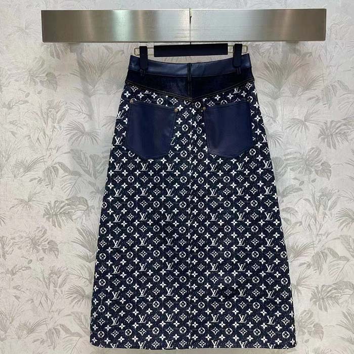 Louis Vuitton Women LV Monogram Denim Midi Skirt Cotton Navy