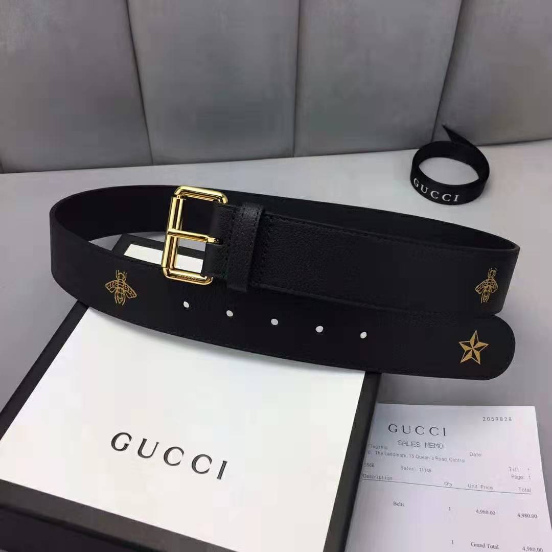 Gucci Unisex Belt with Bees and Stars Bet in Black Metal-Free Tanned Leather