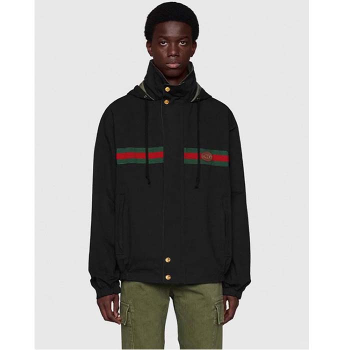 Gucci GG Men Cotton Jersey Sweatshirt Web Black Hooded Fixed Hood Drawstring Jacket
