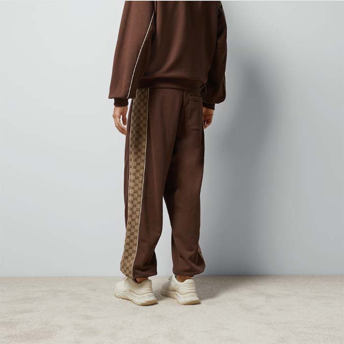 Gucci Men Cotton Jersey Sweatpants Brown Light GG Canvas Elastic Cuffs Relaxed Fit