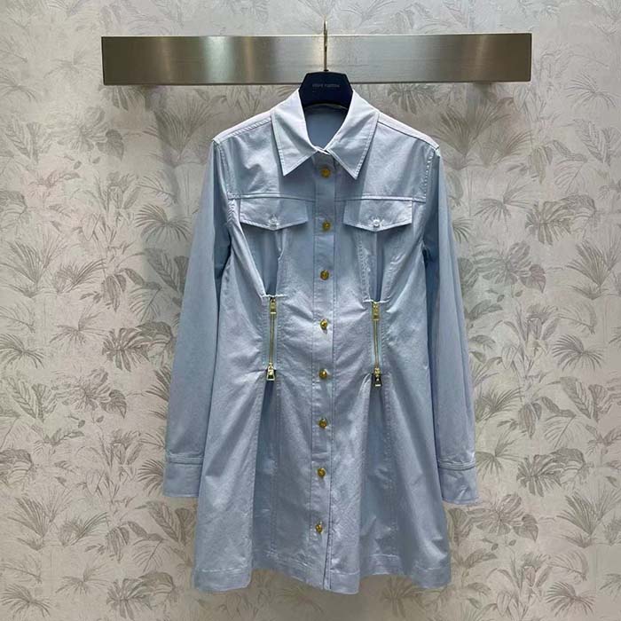 Louis Vuitton LV Women Zipper Waist Shirt Dress Coton Ice Blue Regular Fit