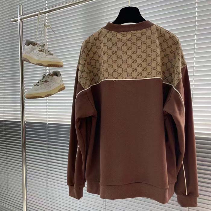 Gucci GG Men Cotton Jersey Sweatshirt GG Canvas Yoke Crewneck Dropped Shoulder Batwing Sleeves